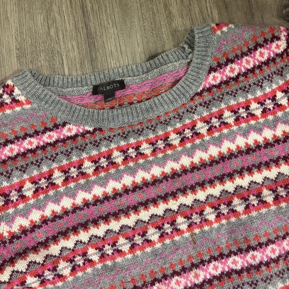 Talbots Women’s Sz M Lambswool Blend Fair Isle Nordic Crewneck Sweater Pink Gray - Picture 5 of 10